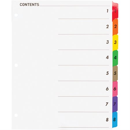 Intercalaires à onglet imprimable 8 onglets 1-8 couleurs variées. 1 jeu