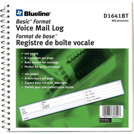 Registre de boîte vocale Format de base. 8 message par page.