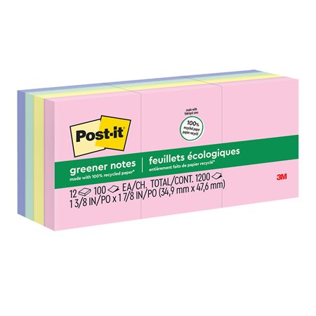 Feuillets plus écologiques Post-it® - collection doux soupçons 1-1 / 2 x 2 po bloc de 100 feuillets (pqt 12)