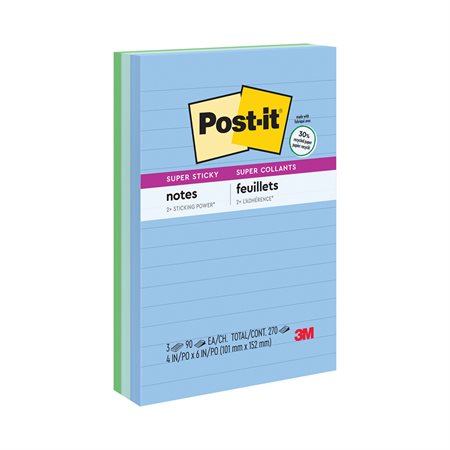 Post-it® Super Sticky Recycled Notes – Oasis Collection 4 x 6 in., lined 90-sheet pad (pkg 3)