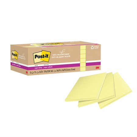 Post-it® Super Sticky Recycled Notes – Canary Yellow 3 x 3 in. Plain. package of 12, 70-sheet pad