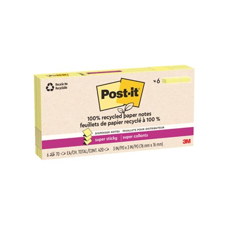 Post-it® Super Sticky Recycled Notes – Canary Yellow 3 x 3 in. Pop-Up. package of 6, 70-sheet pad