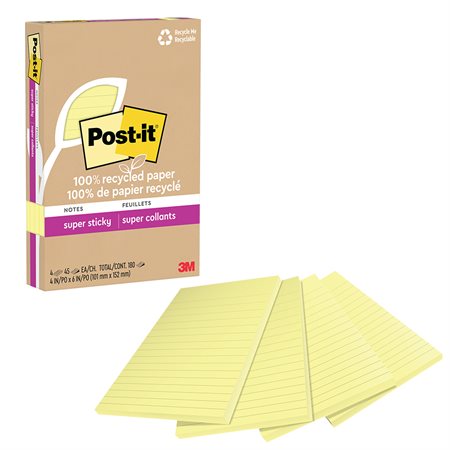 Post-it® Super Sticky Recycled Notes – Canary Yellow 4 x 6 in. Ruled. package of 4, 45-sheet pad