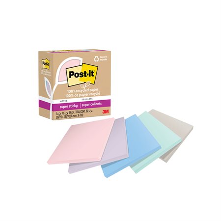 Post-it® Super Sticky Recycled Notes - Wanderlust Pastels 3 x 3 in. Plain. package of 5, 70-sheet pad