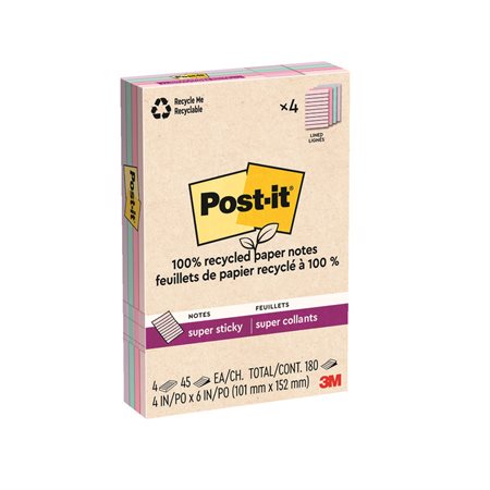 Feuillets recyclés Post-it® Super Sticky - La vie en pastel 4 x 6 po. Ligné. paquet de 4, bloc de 45 feuilles