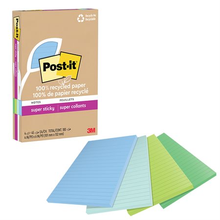 Post-it® Super Sticky Recycled Notes – Oasis Collection 4 x 6 in. Ruled. package of 4, 45-sheet pad