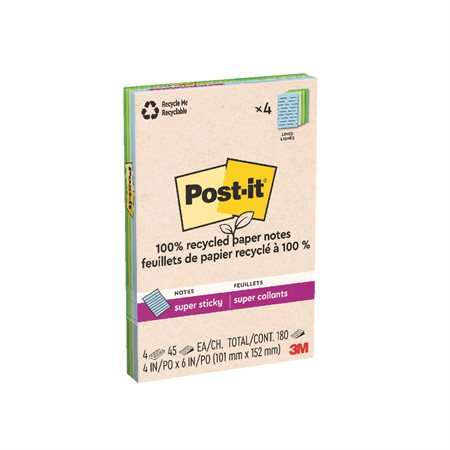 Post-it® Super Sticky Recycled Notes – Oasis Collection 4 x 6 in. Ruled. package of 4, 45-sheet pad
