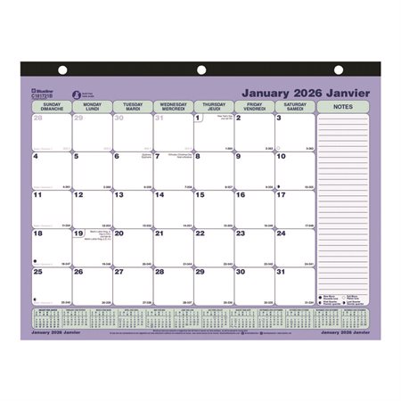 Calendrier sous-main mensuel (2026) 11 x 8-1 / 2 po bilingue
