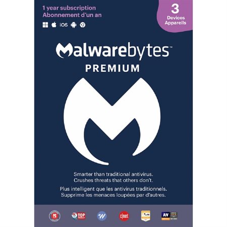 LOGICIEL MALWAREBYTES SÉCURITÉ PREM. 3 PC  /  1 AN